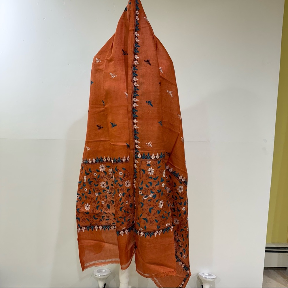 Rust Orange Elegant Embroidered Stole Dupatta Handloom Silk Scarf Festive Wrap - Picture 3 of 7